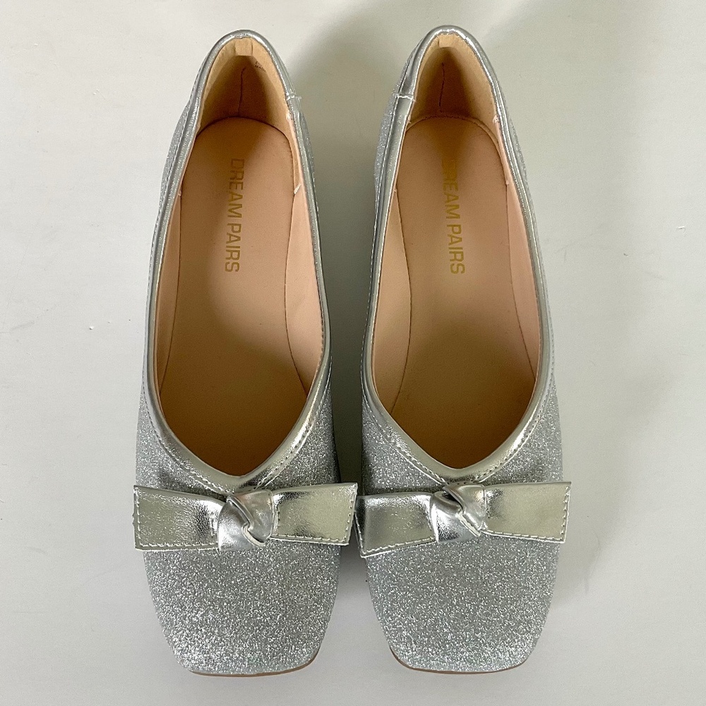 DREAM PAIRS Square Bow Flats Silver Glitter Size 8.5 NEW